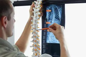 A chiropractor holding a model of a spine and studying it