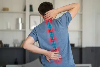 Man holding his neck and lower back with anatomical image of his affected spine